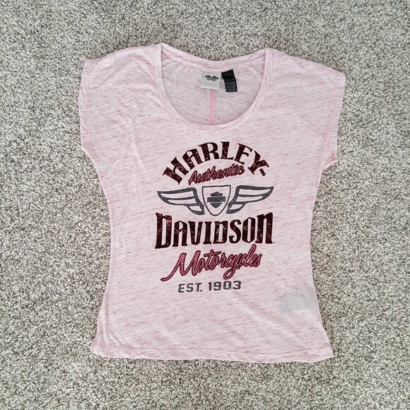 New Cond. Harley-Davidson Pink Short Sleeve T-Shirt Space Dye Flocked Graphic - Picture 1 of 9